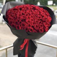 101 красная роза, цветы в черном крафте R880